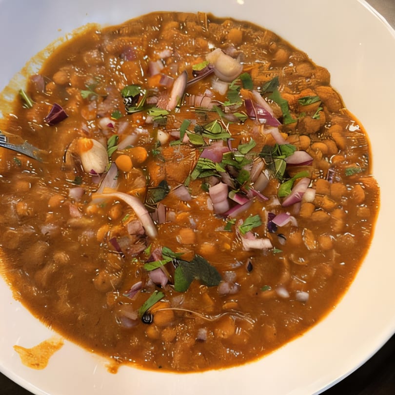 A close-up of Atithi Restaurant's Bangladeshi chana masala, garnished with red onions and fresh herbs.